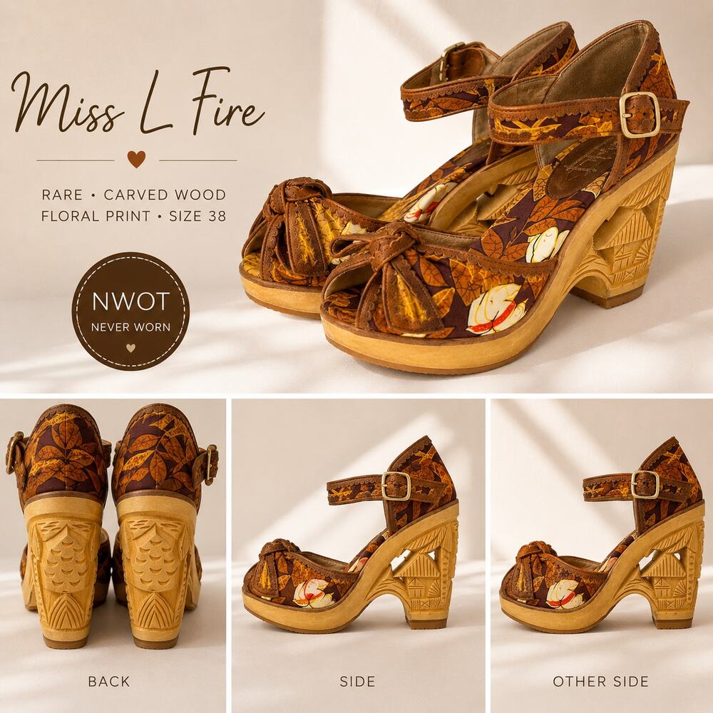 Miss L Fire NWOT Rare Carved Wood Wedge Sandals Floral Art Shoes EU 38